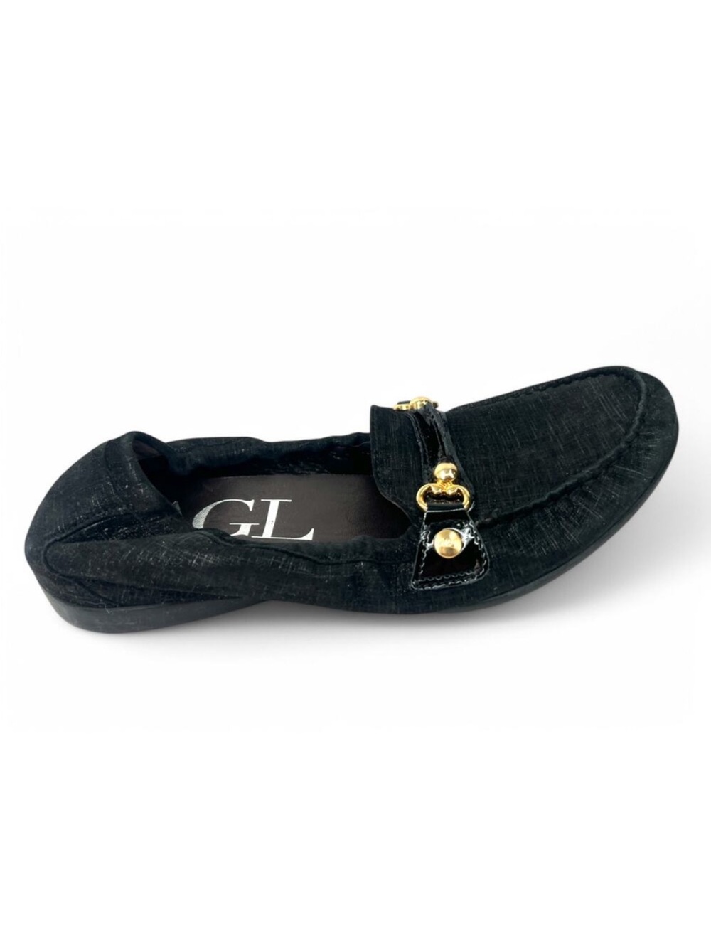 AGL Black Suede Driving Loafer Ballet Flats Nubuck Gold Horse Bit Accent US 7 - Picture 2 of 6